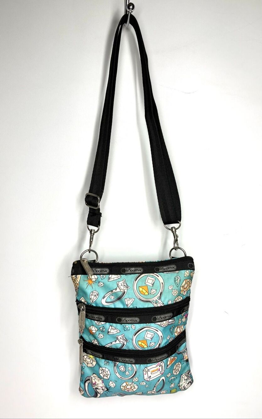 LeSportsac Gem Print Triple Zip Crossbody Bag Blue Diamonds Rings Jewelry